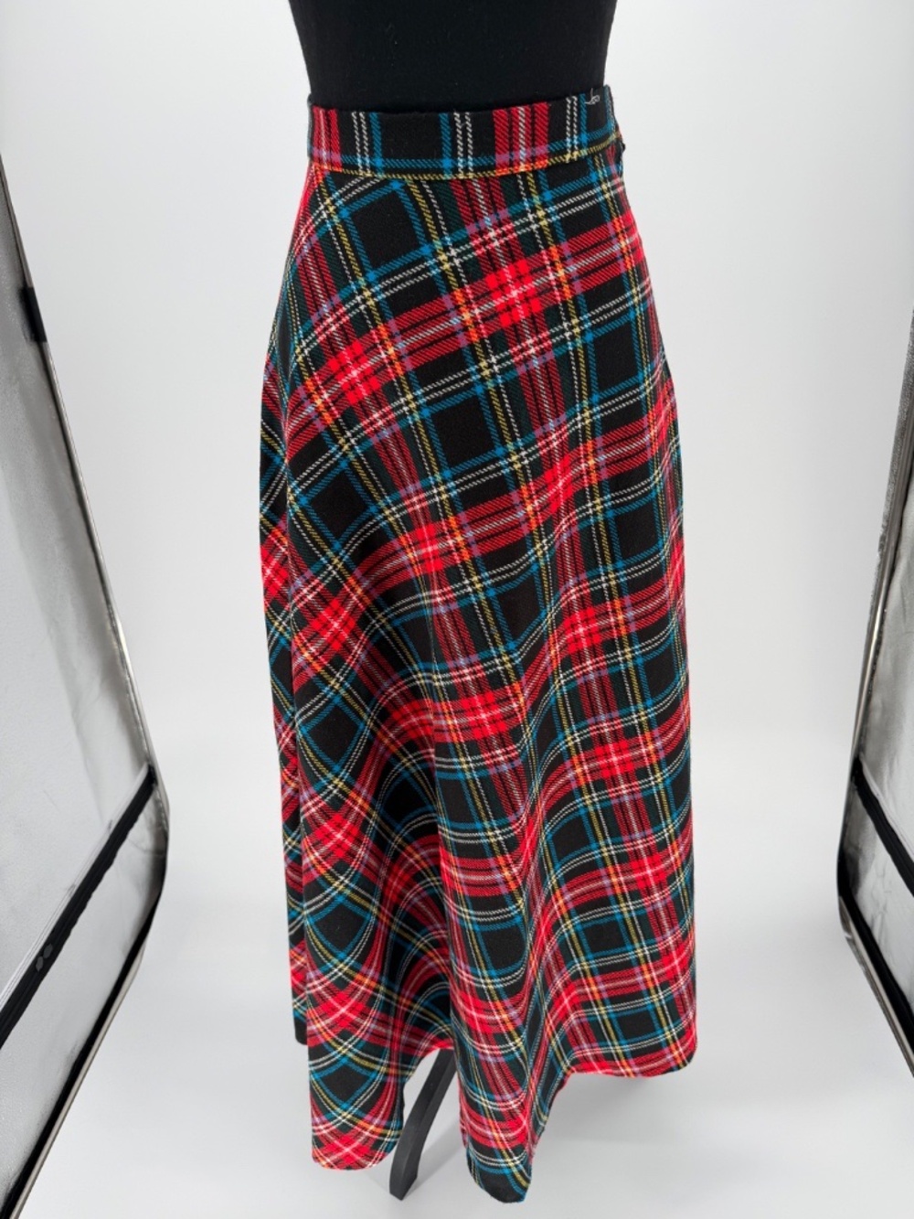 Vintage Tartan Plaid Maxi Skirt, Red Black Blue Wool Blend High Waist Long